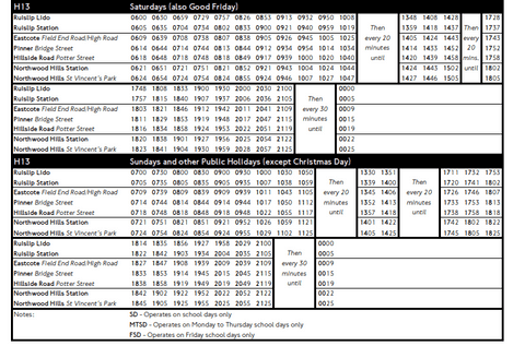H13 weekend time table